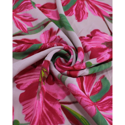 Tecido Crepe Koshibo Macro Flores Verde, Rosa Pink e Rosa Quartzo