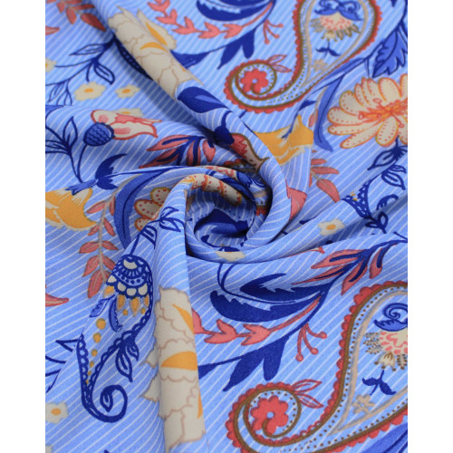 Tecido Crepe Chiffon Grosso Flores e Cashmere em Listras Colorido e Azul