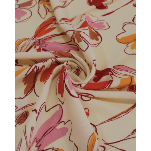 Tecido Crepe Koshibo Flores em Rascunho Colorido e Creme