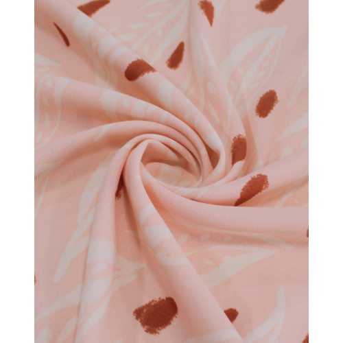 Tecido Crepe Koshibo Macro Folhas Creme, Marrom e Rosa Bebê