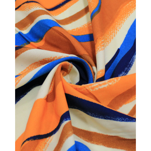 Tecido Viscose Listras Ondulares Azul e Tons Terrosos