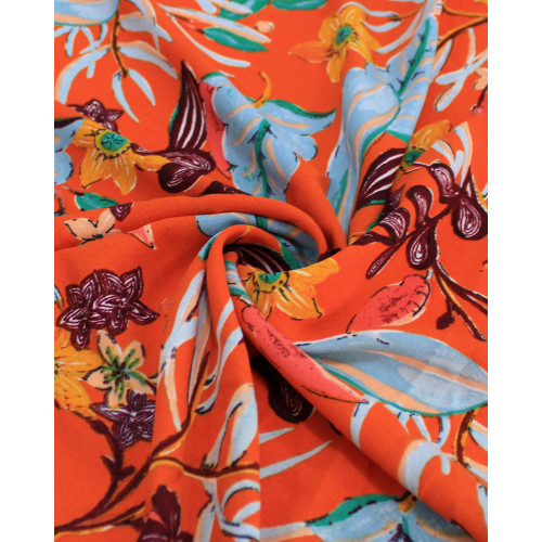 Tecido Crepe Koshibo Ramos e Flores Colorido e Laranja