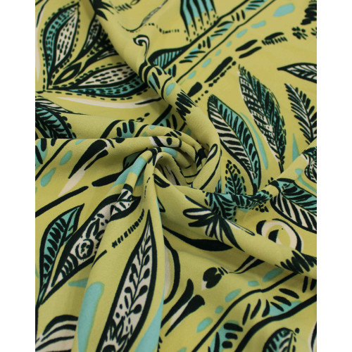 Tecido Crepe Koshibo Ramos Abstratos Entre Listras Verde e Amarelo Requinte