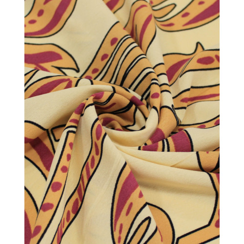 Tecido Crepe Koshibo Macro Arabescos Vermelho e Tons de Amarelo