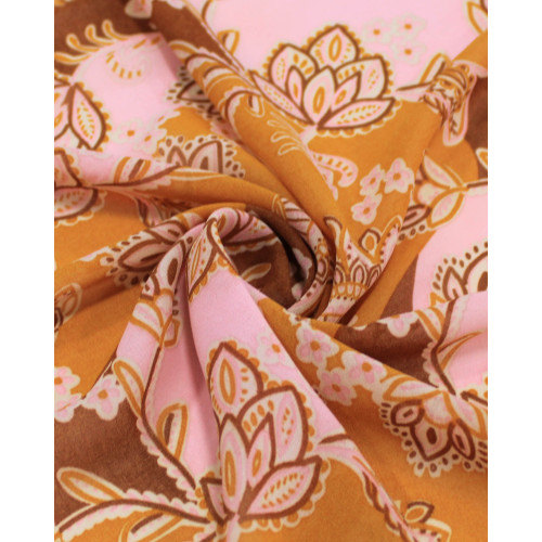 Tecido Crepe Chiffon Grosso Flores em Arabesco Marrom, Rosa e Amarelo Queimado