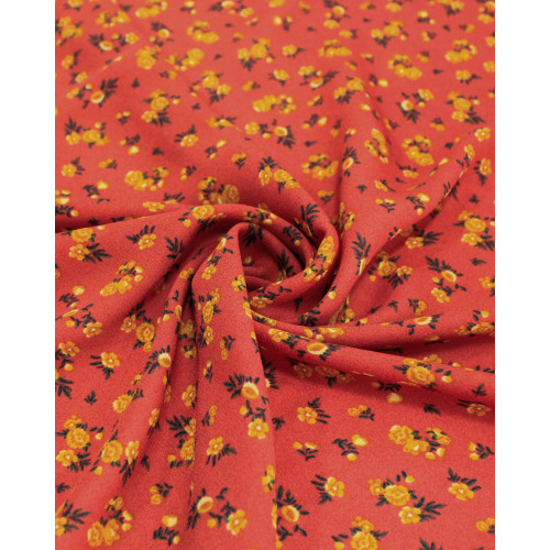 Tecido Crepe Chiffon Grosso Micro Tapete Floral Preto, Laranja e Vermelho