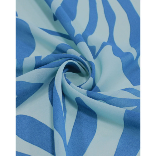 Tecido Crepe Chiffon Grosso Macro Folhas Tons de Azul