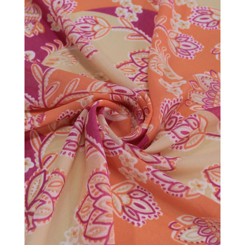 Tecido Crepe Chiffon Grosso Flores em Arabescos Bege Claro, Roxo e Coral
