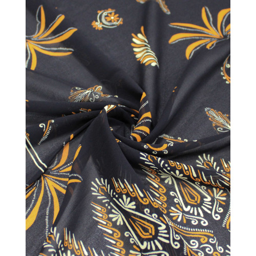 Tecido Crepe Chiffon Grosso Barrado Duplo Palmeiras e Arabescos Bege, Laranja e Preto