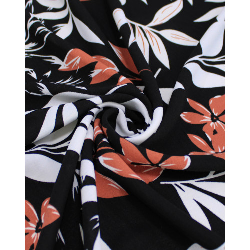 Tecido Crepe Koshibo Macro Ramos Castanho, Branco e Preto