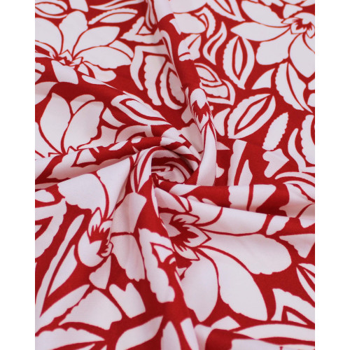 Tecido Crepe Sarjado Folhas e Flores Abstratas Branco e Vermelho