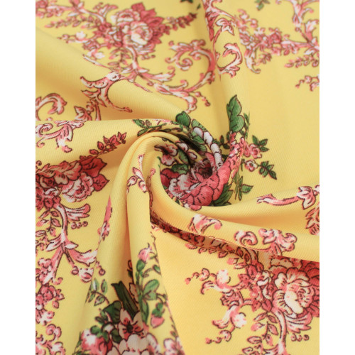 Tecido Crepe Sarjado Macro Buquê Floral Rosa, Verde e Amarelo