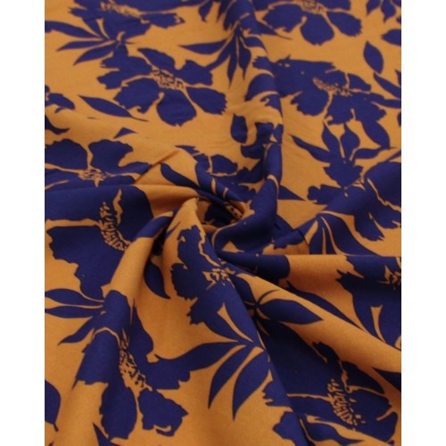 Tecido Viscose Macro Floral Abstrato Azul Marinho e Ferrugem