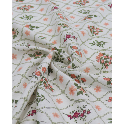 Tecido Linho Misto Estampado Multi Floral Contornado Coral, Verde e Offwhite
