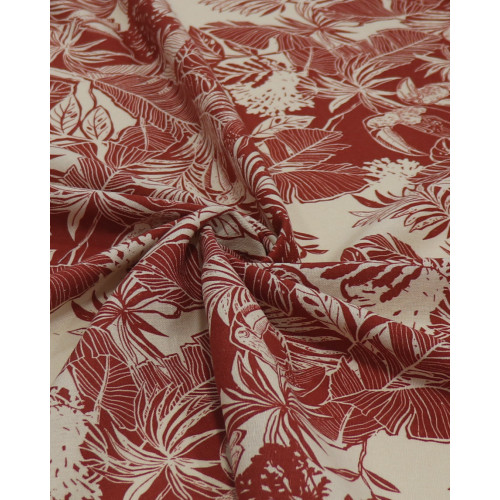 Tecido Linho Misto Estampado Floresta Tropical Terracota e Creme