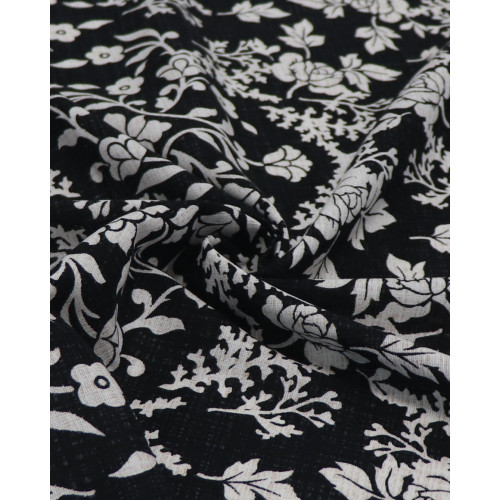 Tecido Linho Misto Estampado Arabesco Floral Branco e Preto Mescla