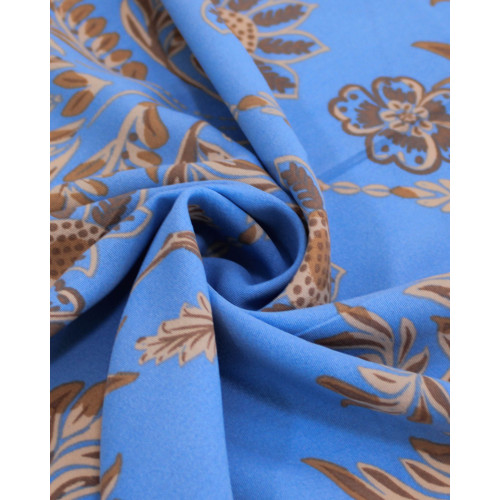 Tecido Crepe Koshibo Folhas e Flores Castanho, Bege e Azul Bebê