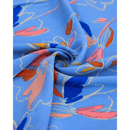 Tecido Crepe Koshibo Flores Abstratas Colorido e Azul Bebê