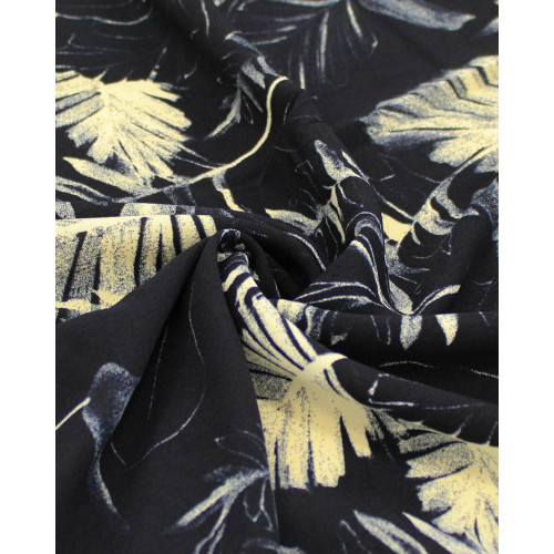 Tecido Crepe Koshibo Folhagens Creme e Preto