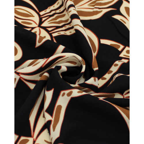 Tecido Crepe Koshibo Macro Estampa Étnica Creme, Caramelo e Preto