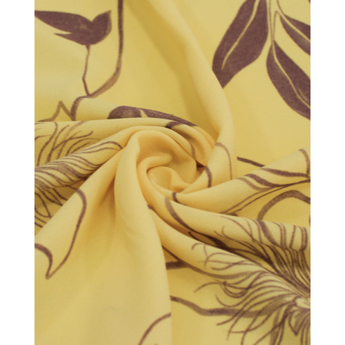 Tecido Crepe Koshibo Rascunho Floral Marrom Estonado e Amarelo Requinte