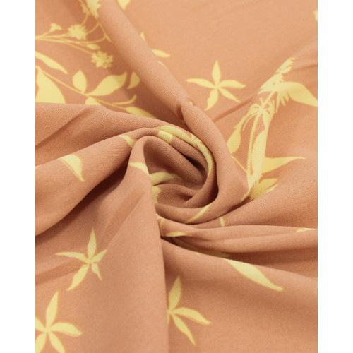 Tecido Crepe Koshibo Ramos de Flores Amarelo Manteiga e Castanho