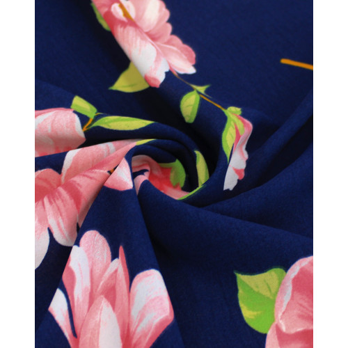 Tecido Crepe Koshibo Macro Flores Verde, Rosa e Azul Marinho