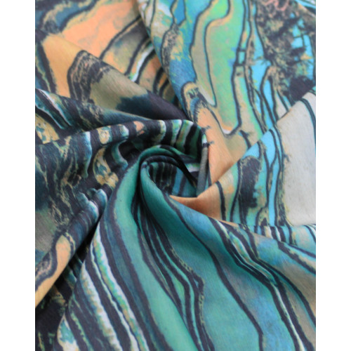 Tecido Crepe de Seda Mista Estampa Abstrata Argila e Tons de Verde
