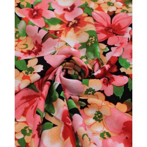 Tecido Viscose Texturizada Tapete Floral Colorido e Preto