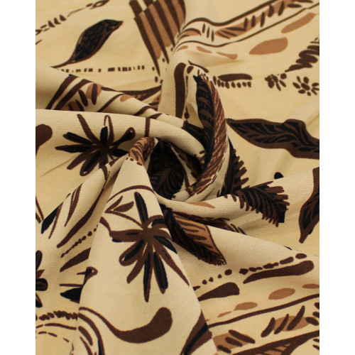 Tecido Crepe Koshibo Folhagens Abstratas em Listras Tons de Marrom e Bege