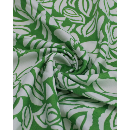 Tecido Crepe Sarjado Folhas e Flores Abstratas Branco e Verde