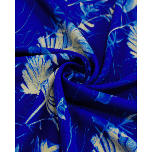 Tecido Crepe Koshibo Folhagens Creme e Azul Marinho