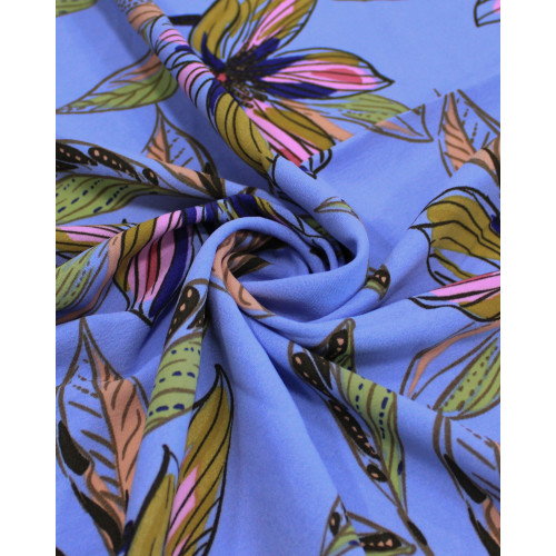 Tecido Crepe Koshibo Ramos e Flores Verde e Tons de Azul