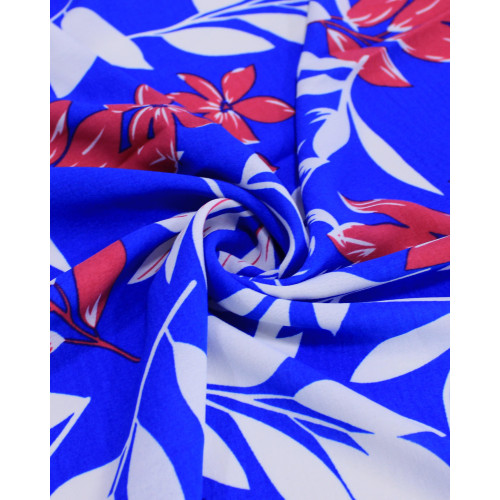 Tecido Crepe Koshibo Macro Ramos Vermelho, Branco e Azul