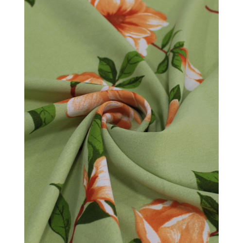 Tecido Crepe Koshibo Macro Flores Pêssego e Tons de Verde