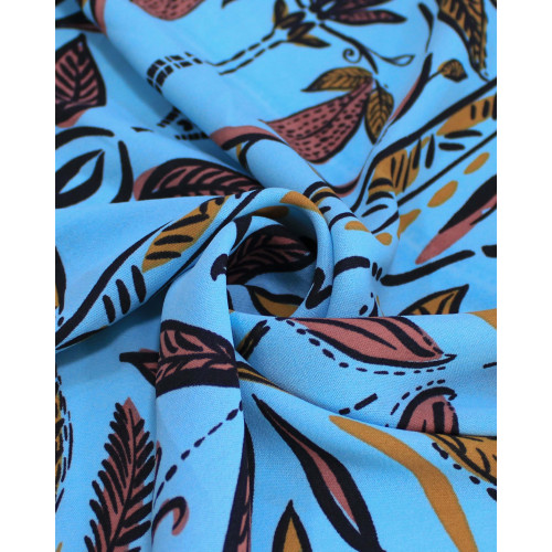 Tecido Crepe Koshibo Ramos Abstratos Entre Listras Tons de Marrom e Azul Claro