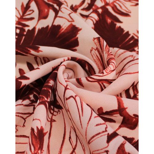 Tecido Crepe Koshibo Folhagens Marsala e Salmão