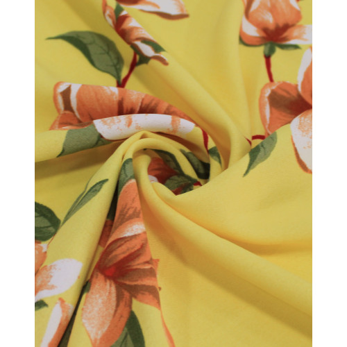 Tecido Crepe Koshibo Macro Flores Laranja e Amarelo 