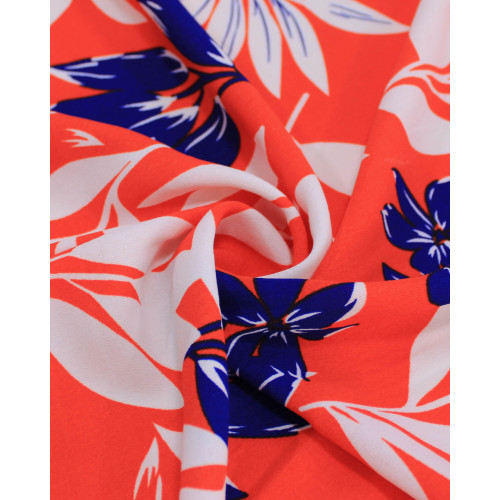 Tecido Crepe Koshibo Macro Ramos Azul Marinho, Branco e Vermelho Vivo