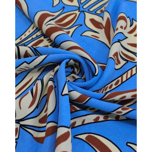 Tecido Crepe Koshibo Macro Arabescos Marrom, Offwhite e Azul Céu