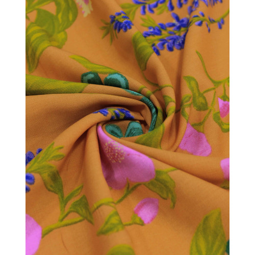 Tecido Viscose Jardim Floral Colorido e Laranja