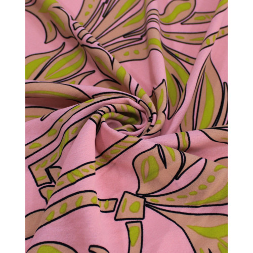 Tecido Crepe Koshibo Macro Arabescos Verde, Bege e Rosa Claro