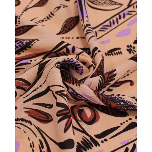 Tecido Crepe Koshibo Ramos Abstratos Entre Lisras Marrom, Lilás e Salmão