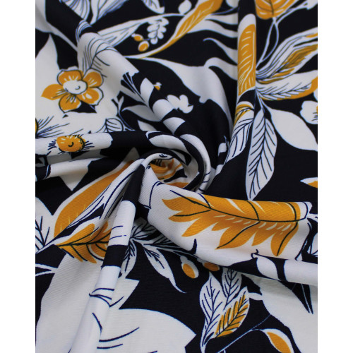 Tecido Crepe Sarjado Macro Ramos e Flores Amarelo, Branco e Azul Marinho Noite