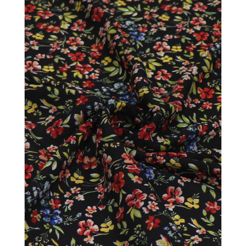 Tecido Crepe Koshibo Leve Tapete Floral Colorido e Preto