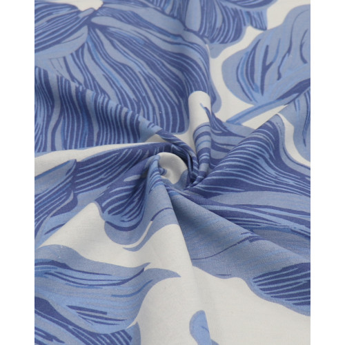 Tecido Linho Misto Estampado Macro Folhas Tons de Azul e Branco