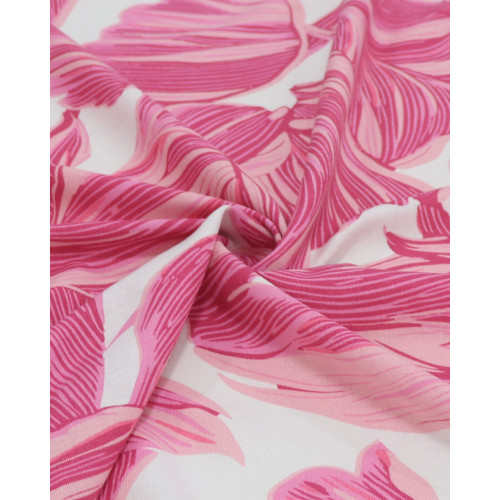 Tecido Linho Misto Estampado Macro Folhas Tons de Rosa e Branco
