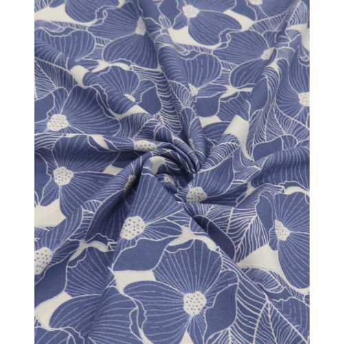 Tecido Linho Misto Estampado Tapete Floral Azul e Branco