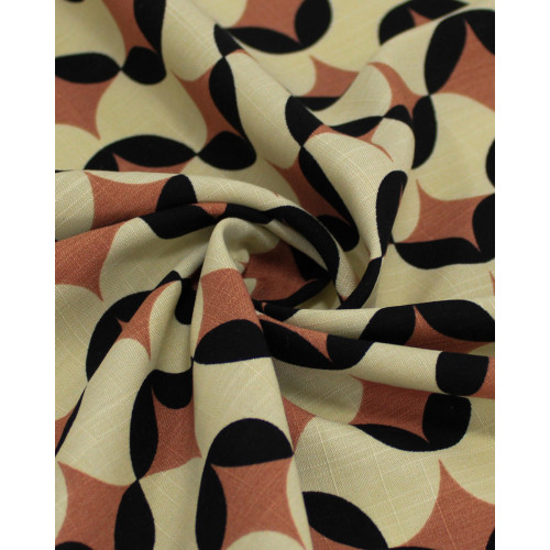Tecido Viscose Texturizada Poá Estampado Preto, Creme e Castanho