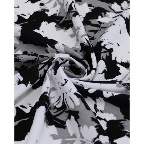 Tecido Viscose Texturizada Folhas Abstratas Sobrepostas Branco, Cinza e Preto